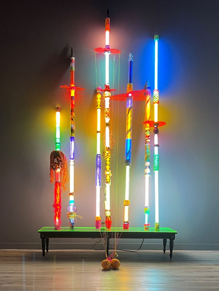 ALEX TRIMINO, Artillery, 2021
fluorescent tubes, knitting, crochet, fibers and found objects, 126 x 66 x 19 in. (320 x 167.6 x 48.3 cm)
TA- C-0026